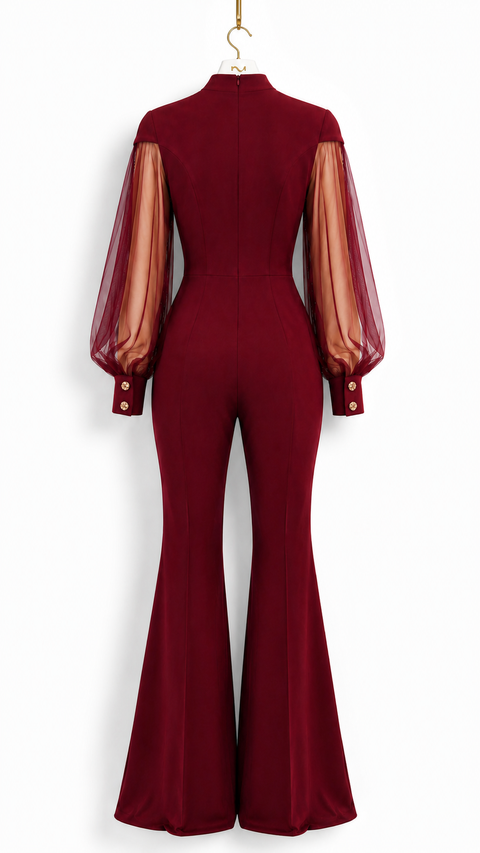 Back view of EVE burgundy jumpsuit by Modella showing the fitted silhouette, sheer sleeves and structured seam detailing