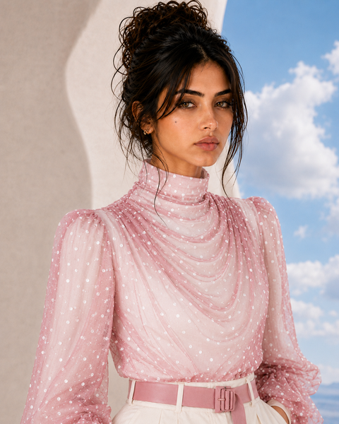 Close up view of MAYA Rose Edition by Modella featuring a draped neckline, printed chiffon and statement sleeves