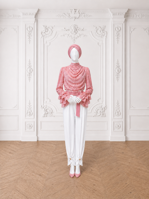 MAYA Rose modest blouse and white trouser set with draped polka print blouse and statement belt, front view by Modella