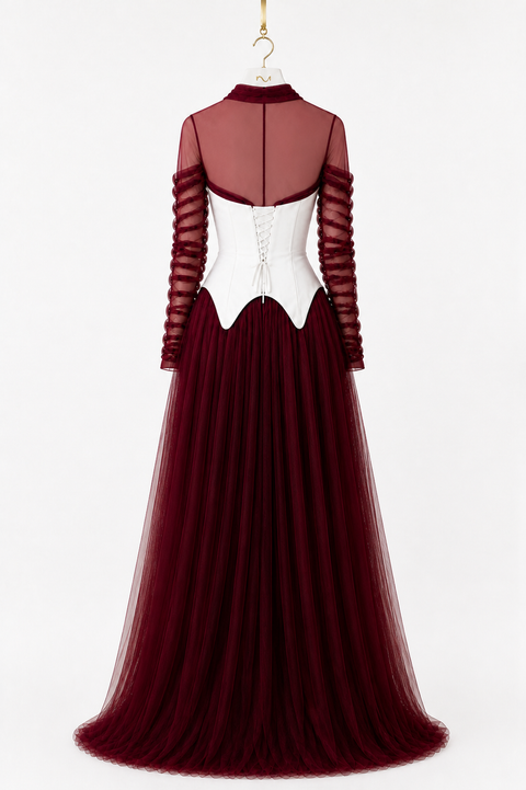NYRA burgundy luxury modest evening gown with ivory lace-up sculpted corset, sheer long sleeves and pleated floor-length skirt, hanger back view by Modella