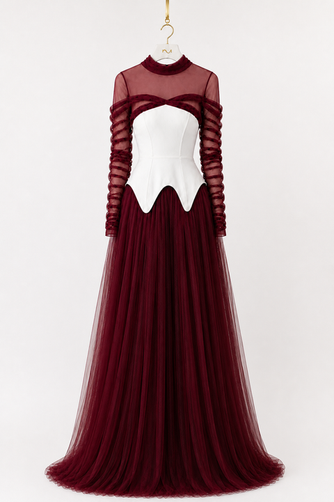 NYRA burgundy luxury modest evening gown with ivory sculpted corset, sheer long sleeves and pleated floor-length skirt, hanger front view by Modella