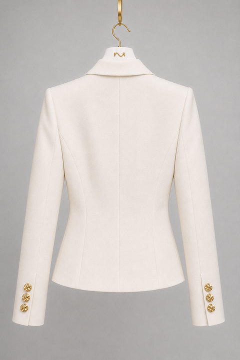 Back view of AURA ivory cropped tailored jacket featuring sculpted waist seams and three gold cuff buttons on each sleeve by Modella