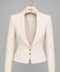 AURA ivory cropped tailored jacket with sculpted waist, curved lapels and gold buttons, front view by Modella