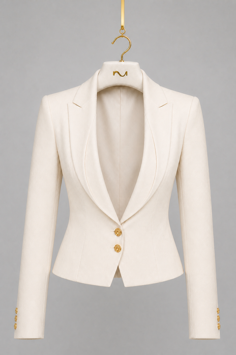 AURA ivory cropped tailored jacket with sculpted waist, curved lapels and gold buttons, front view by Modella