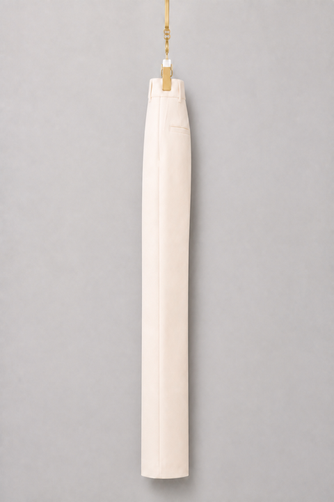 Side view of AURA ivory tailored trousers by Modella showing the clean tailored silhouette and refined construction