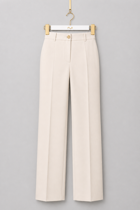 Front view of AURA ivory wide-leg tailored trousers featuring a high waist, front pleats and signature gold button by Modella
