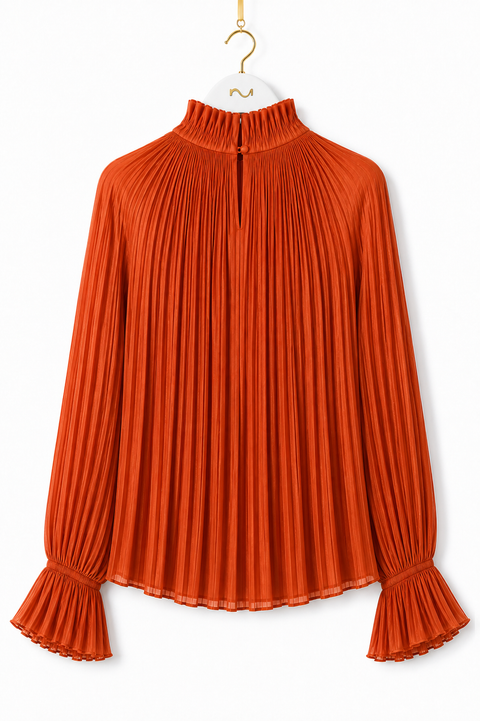 Back view of AURA orange pleated blouse by Modella featuring fine pleating, a ruffled high neckline and flared ruffle cuffs