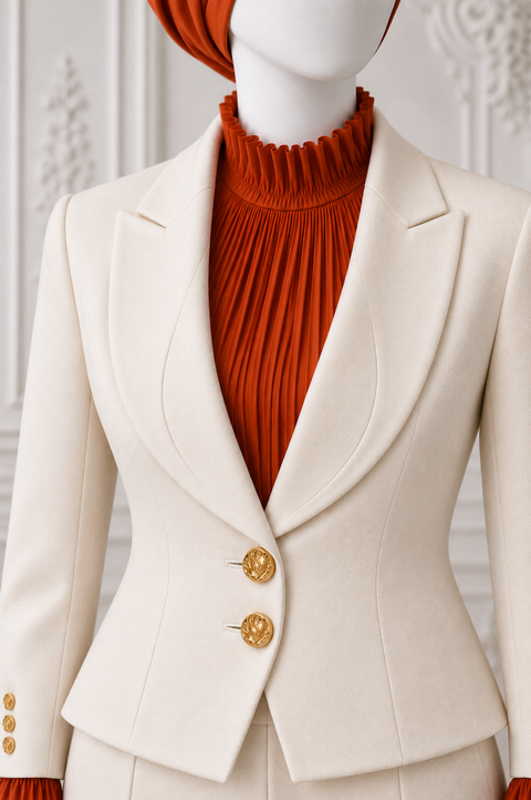 Close-up of the AURA women’s ivory three-piece tailored suit by Modella showing the structured ivory jacket, gold buttons and orange pleated high-neck blouse