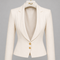 Front view of the ivory tailored jacket from the AURA women’s three-piece suit by Modella with sculpted lapels and gold buttons