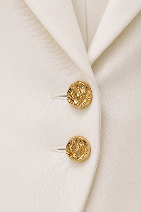 Close-up of the AURA ivory three-piece suit jacket by Modella showing sculpted gold buttons, lapel detail and tailored fabric