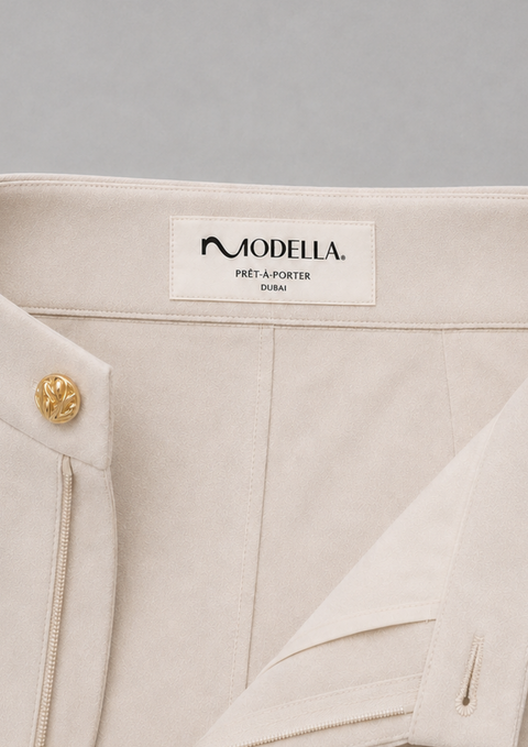 Close-up of the AURA ivory three-piece suit trousers by Modella showing the interior Modella label, waistband and fastening details
