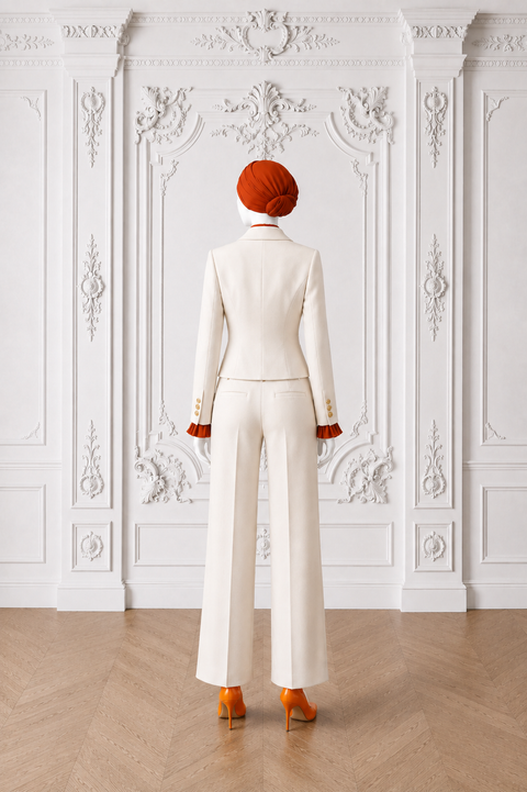 Back view of AURA women’s ivory three-piece tailored suit by Modella showing the fitted ivory jacket, wide-leg trousers and orange pleated blouse cuffs