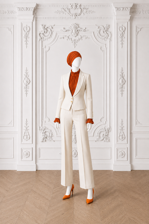 Front view of AURA women’s ivory three-piece tailored suit by Modella with orange pleated blouse and wide-leg trousers