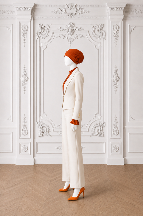 Side view of AURA women’s ivory three-piece tailored suit by Modella with orange pleated blouse, ivory trousers and orange heels