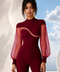 EVE burgundy jumpsuit by Modella featuring sheer sleeves, sculpted silhouette and elegant modest eveningwear design