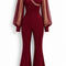 Front view of EVE burgundy jumpsuit by Modella with sculpted silhouette, curved sheer bodice detail and sheer sleeves