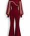 Front view of EVE burgundy jumpsuit by Modella with sculpted silhouette, curved sheer bodice detail and sheer sleeves