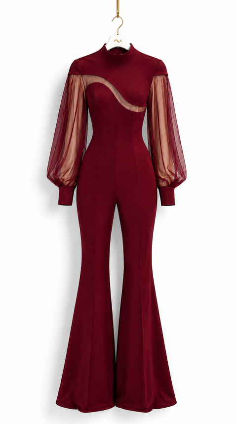 Front view of EVE burgundy jumpsuit by Modella with sculpted silhouette, curved sheer bodice detail and sheer sleeves