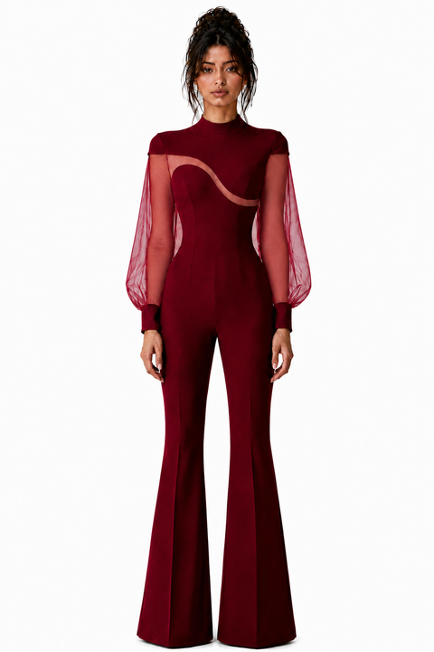 Full length view of EVE burgundy jumpsuit by Modella designed for modern modest eveningwear