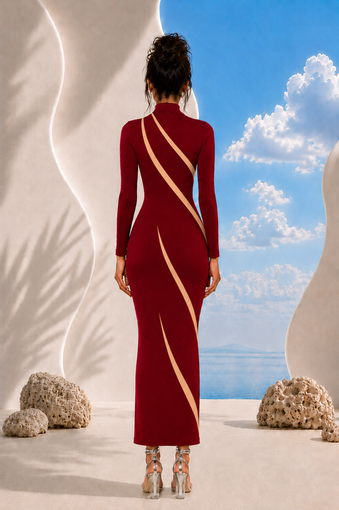 Back view of LILIA burgundy evening dress by Modella showcasing sculptural panel detailing and refined tailoring