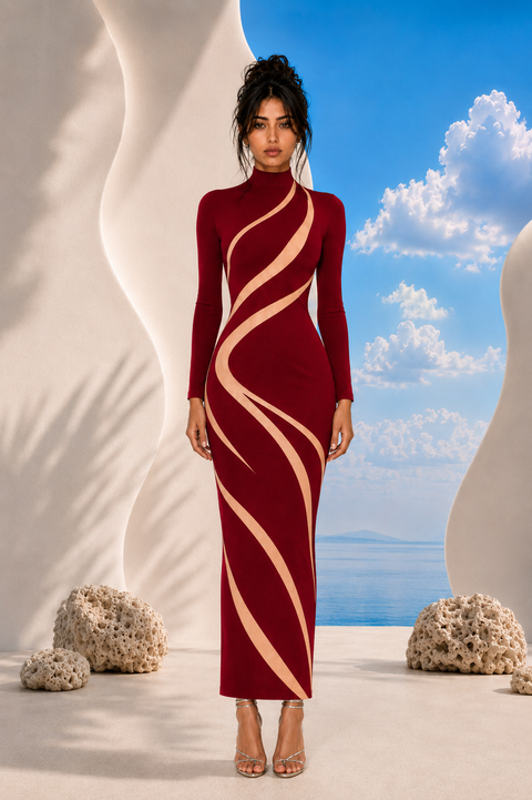 LILIA burgundy evening dress by Modella featuring sculptural curved panel detailing, high neckline and elegant full length silhouette from the Lost Paradise collection