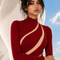 Close up view of LILIA burgundy evening dress by Modella featuring high neckline and signature curved panel design