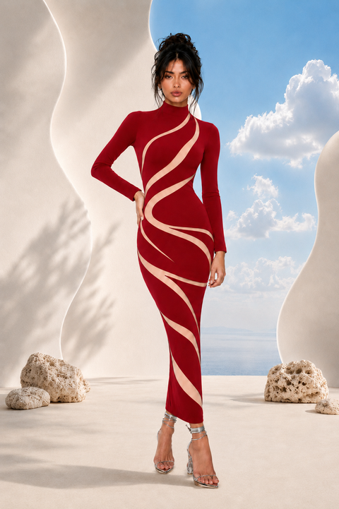 LILIA burgundy evening dress by Modella featuring sculptural curved panel detailing, high neckline and elegant full length silhouette