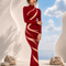 Three quarter view of LILIA burgundy evening dress by Modella showcasing curved panel detailing and sculpted silhouette