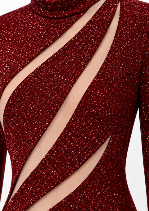 LILIA red glitter modest evening dress with sculptural curved cutout detailing and nude illusion panels, close-up by Modella