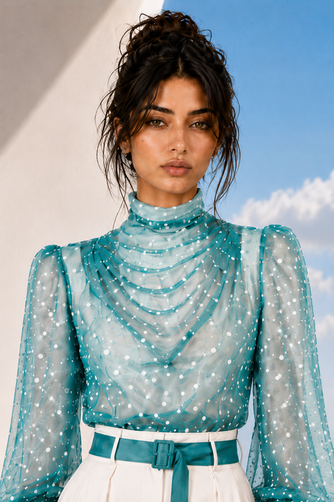 Close up view of MAYA draped blouse by Modella featuring printed chiffon, draped neckline and statement sleeves