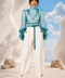 MAYA draped blouse and trouser set by Modella featuring printed chiffon, statement sleeves and tailored ivory trousers