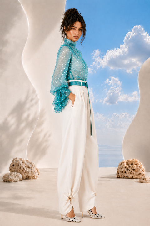 Side view of MAYA draped blouse and trouser set by Modella showcasing fluid drape and elegant silhouette