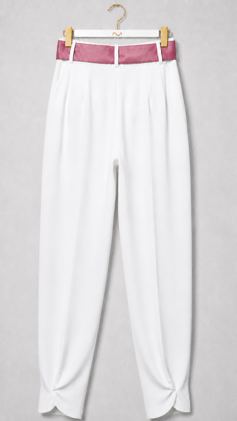 MAYA ivory high-waisted trousers with rose belt, back view