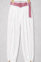 MAYA ivory high-waisted trousers with rose belt, front view