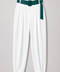 MAYA ivory high-waisted trousers with teal belt, front view