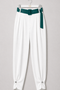 MAYA ivory high-waisted trousers with teal belt, front view