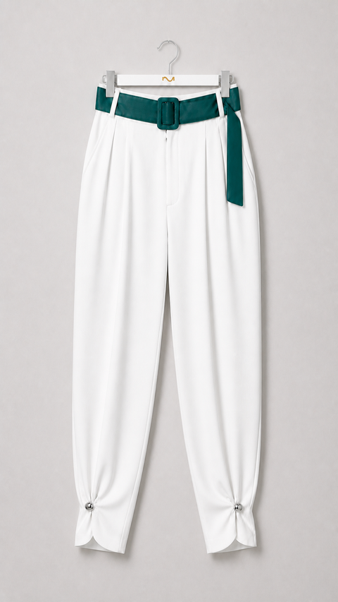 MAYA ivory high-waisted trousers with teal belt, front view
