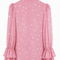 Rose MAYA polka chiffon blouse on hanger, back view with high neck and ruffle cuffs