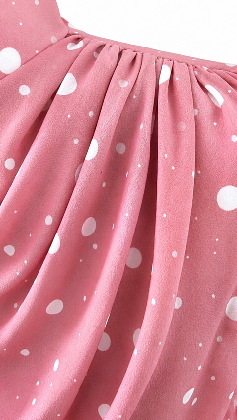 Rose MAYA polka chiffon blouse close-up showing soft draping and fluid printed chiffon