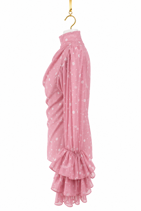 Rose MAYA polka chiffon blouse on hanger, side view with layered ruffle sleeves