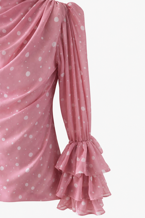 Rose MAYA polka chiffon blouse close-up showing layered ruffle cuff and gathered sleeve