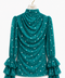 Teal MAYA polka chiffon blouse front view with draped neckline and layered ruffle sleeves