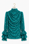 Teal MAYA polka chiffon blouse front view with draped neckline and layered ruffle sleeves