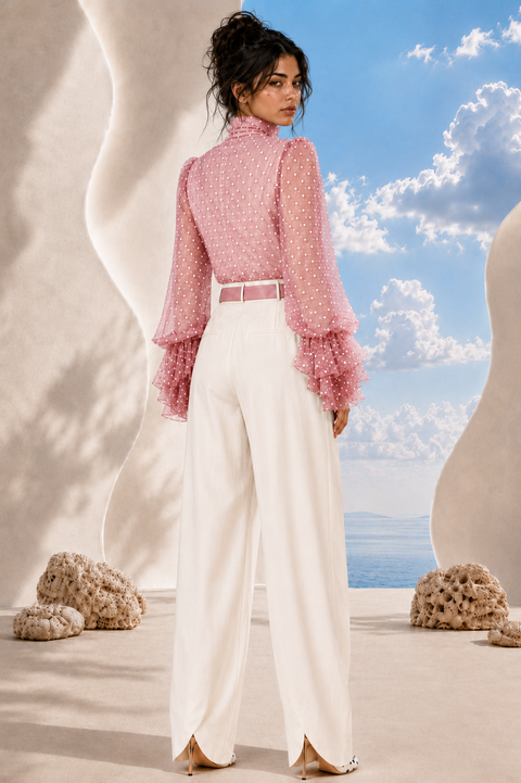 Back view of MAYA Rose Edition by Modella featuring printed chiffon and tailored ivory trousers