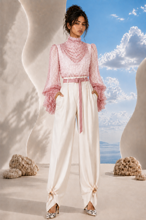MAYA Rose Edition by Modella featuring a draped chiffon blouse, statement sleeves and tailored ivory trousers