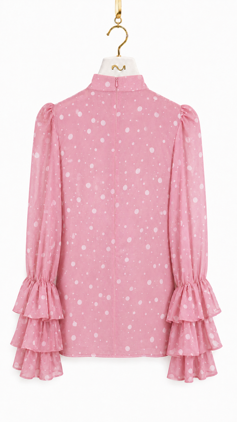 MAYA Rose luxury modest chiffon blouse with polka print, high neckline, long sleeves and layered ruffle cuffs, back view by Modella