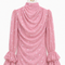 MAYA Rose luxury modest chiffon blouse with polka print, draped high neckline and layered ruffle cuffs, front view by Modella