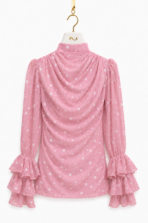 MAYA Rose luxury modest chiffon blouse with polka print, draped high neckline and layered ruffle cuffs, front view by Modella
