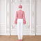 MAYA Rose modest blouse and white trouser set with polka print, layered ruffle sleeves and rose belt, back view by Modella