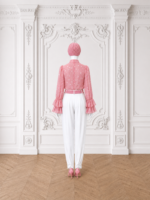 MAYA Rose modest blouse and white trouser set with polka print, layered ruffle sleeves and rose belt, back view by Modella